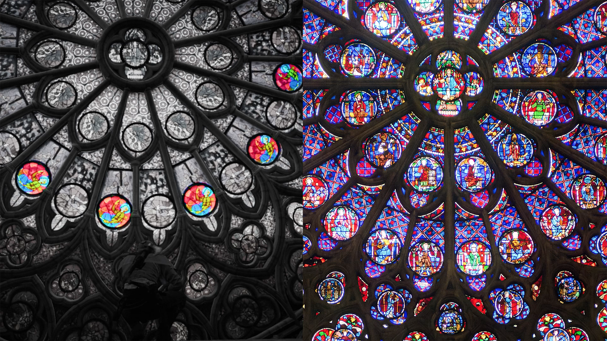巴黎聖母院玫瑰花窗遊戲截圖與實景對比（圖源：https://www.polygon.com/features/22790314/assassins-creed-unity-notre-dame-restoration-accuracy），從高亮可以看出遊戲花窗由單位圖形旋轉得到，而真實花窗的每一格都是不同圖案
