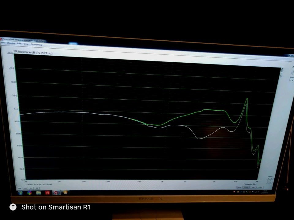 ME100频响曲线，
绿：原始曲线
黄：补偿后曲线