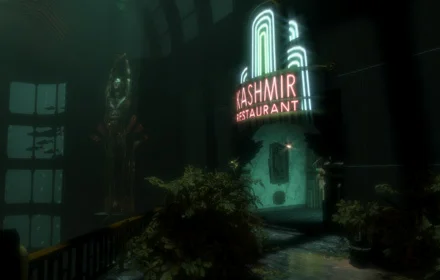 中庭的克什米尔餐厅入口的早期版本
（原始网址：http://www.bioshockgame.com/site/us/enter.html
现存于：http://www.gamersky.com/handbook/200709/75930.shtml）