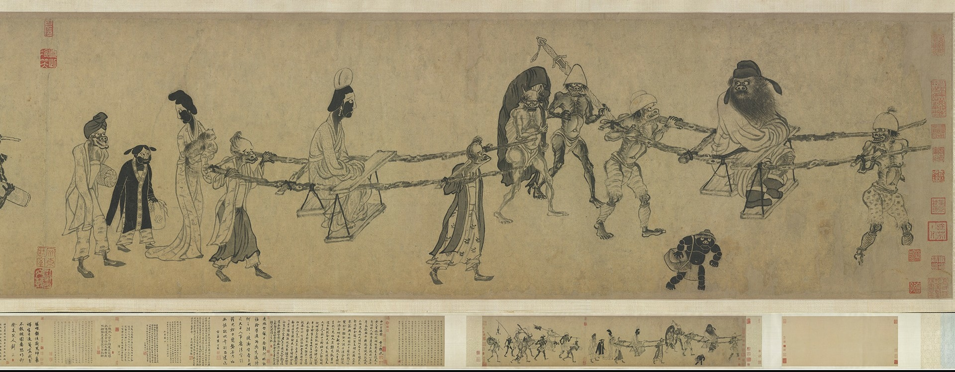 中山出遊圖卷-元代龔開繪-畫卷描繪鐘馗及小妹乘輿出遊的情景，鬼卒們形狀詭異，修短不齊，趨前走後，或抬轎肩壺，或挑行李、持包裹，此为最早之“钟馗嫁妹”形象起源。