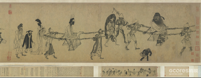 中山出遊圖卷-元代龔開繪-畫卷描繪鐘馗及小妹乘輿出遊的情景,鬼卒們形狀詭異,修短不齊,趨前走後,或抬轎肩壺,或挑行李、持包裹,此为最早之“钟馗嫁妹”形象起源。