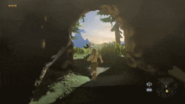 《荒野之息》利用长镜头的手法，视觉中心从前方的火山一路慢慢拉到了玩家的教师海鲁国王身边。