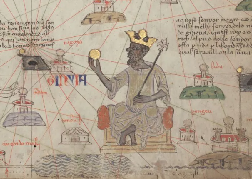 曼沙穆萨的形象，黑人国王头戴黄金王冠，手持金币