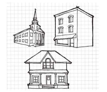 圖2.8：看一下這些建築草圖。你認為它們是什麼類型的建築？這些象徵性的形式幫助觀察者瞭解建築物的目的，而無需標識或口頭指示。