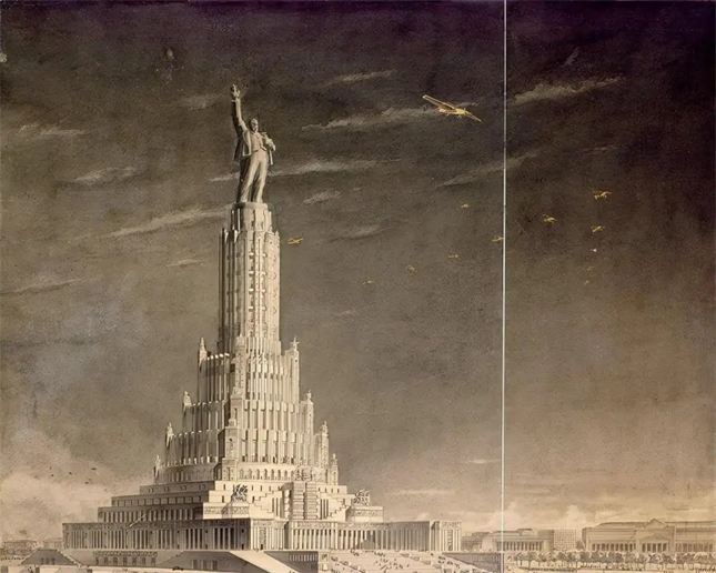 苏维埃宫效果图，原定于上世纪30年代建造，高415米，后因经济、战争、反个人崇拜等多重因素而计划搁浅
