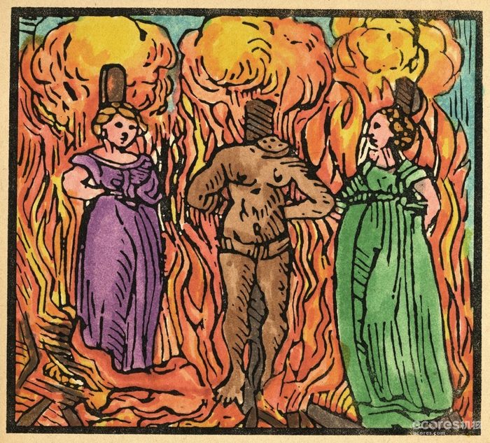 狼人被斩首,两名女巫被宗教裁判所烧死在火刑柱上,取自1590年的小册子。