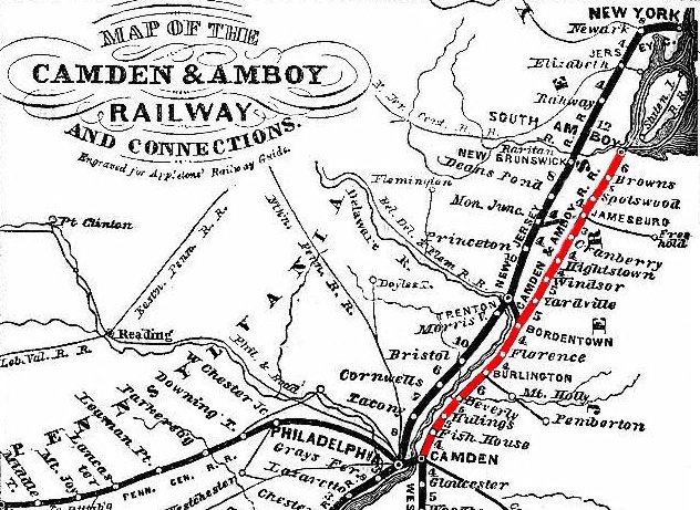1869年的地图,展示了卡姆登与安博伊铁路及其连接线路,该地图被刻印在“阿普尔顿铁路和蒸汽导航指南”上,来源为wikipedia.org。