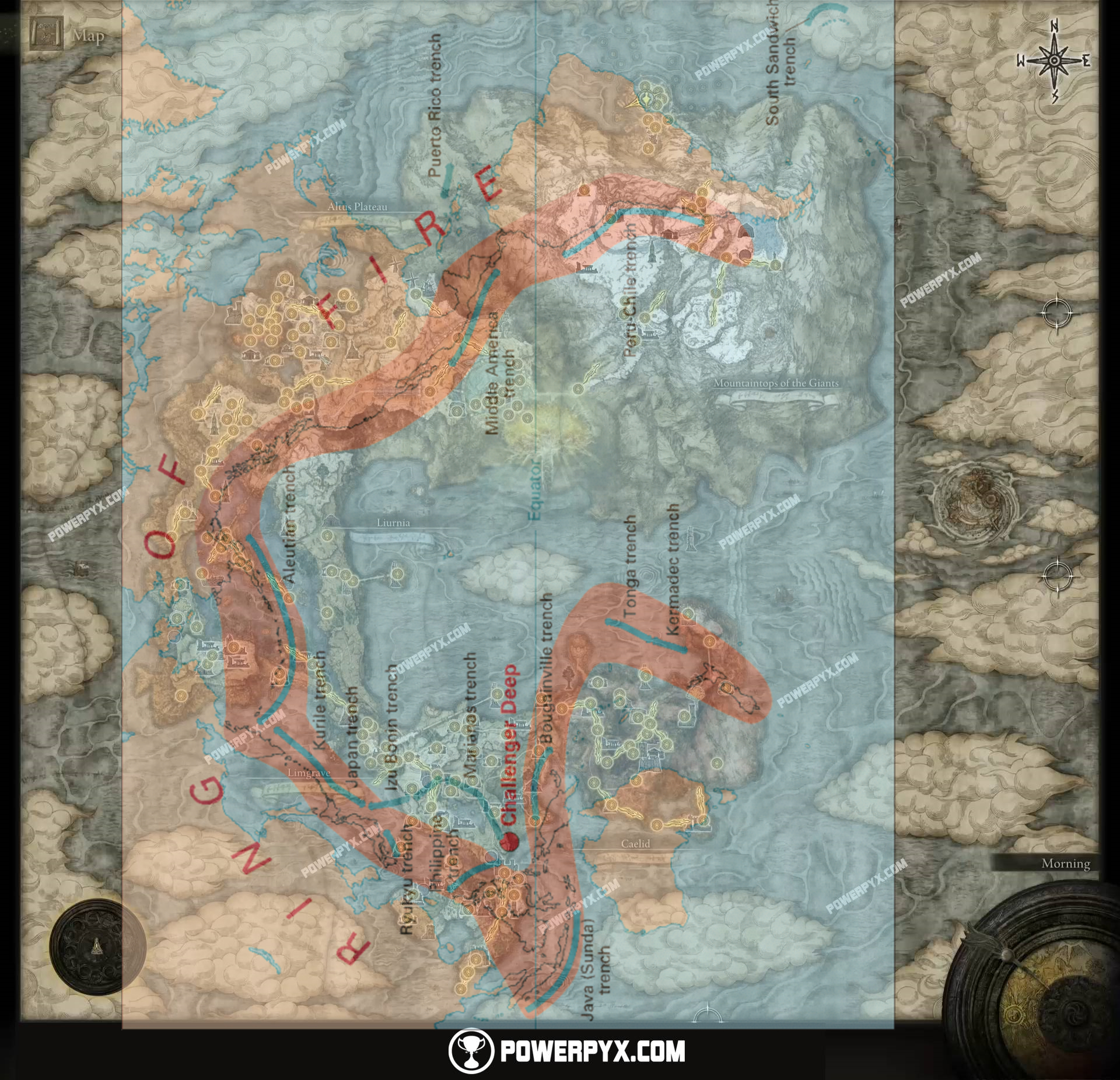狹間地與火環帶的地形對比（遊戲地圖來自 POWERPYX.COM ）