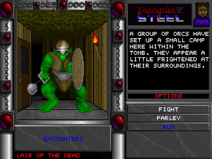 玩家以第一人称视角探索地牢，辅助以方便的小地图和设定环境氛围的描述文字。