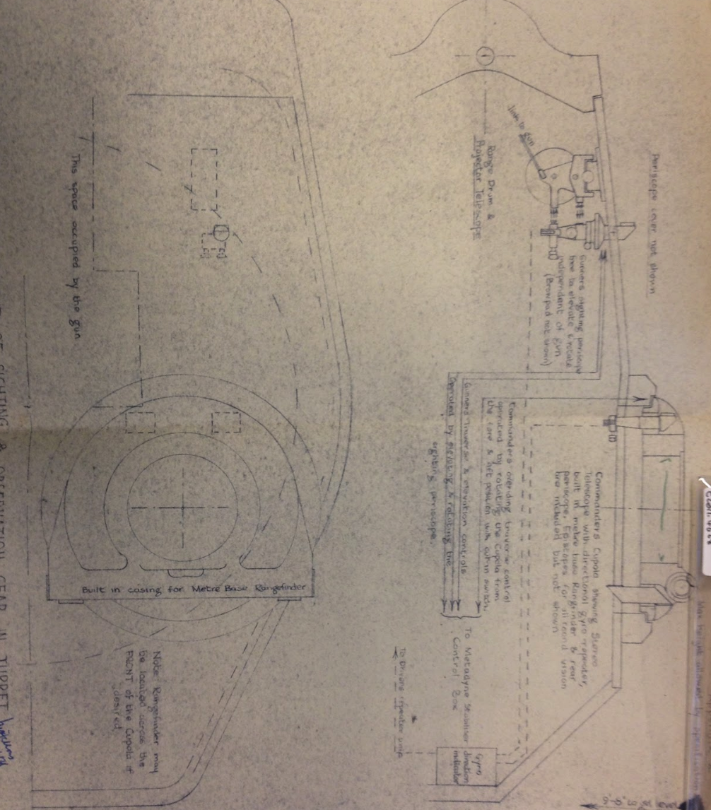 奇美拉坦克炮塔圖紙，圖中展示了奇美拉炮塔頂部和側面的結構，從中可以看到車長觀察塔以及炮手的測距儀，觀瞄潛望鏡