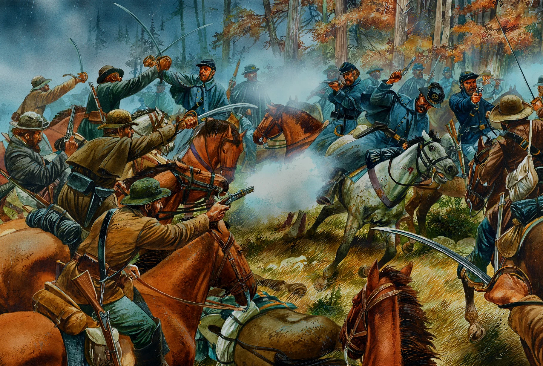 巴克兰之战中，邦联军的第1北卡罗莱纳骑兵团伏击了联盟骑兵（穿蓝衣者），最后击败了后者
