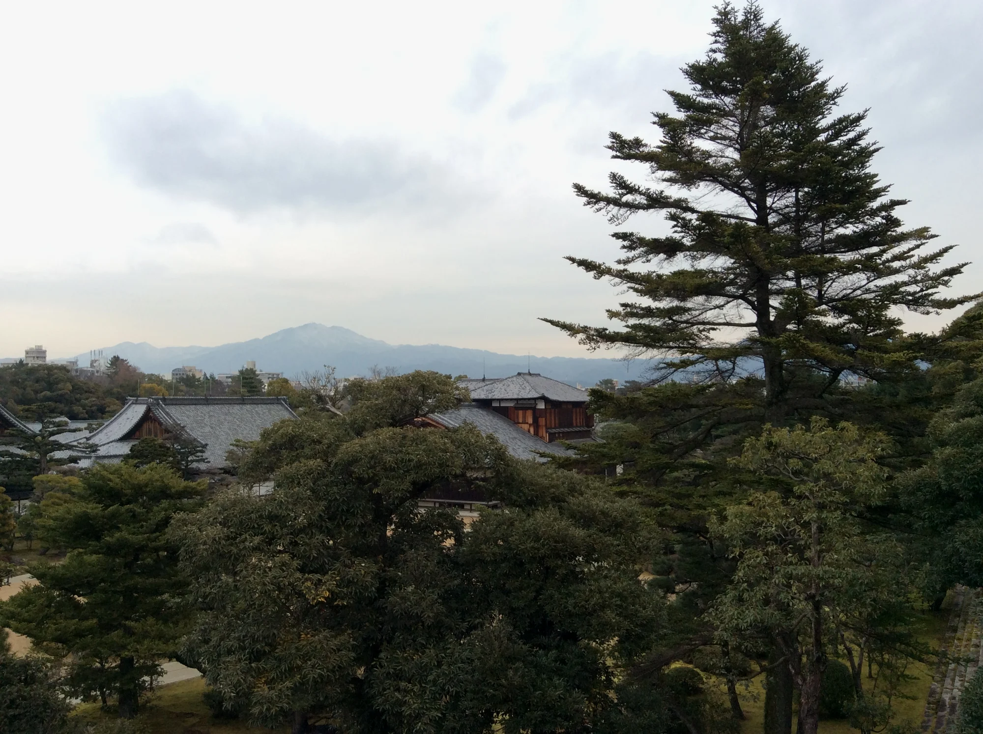 从荡然无存的天守阁基座上眺望本丸御殿与背后的比叡山。2017年时这里还不开放参观。根据网上资料显示，2024年重新开放参观。