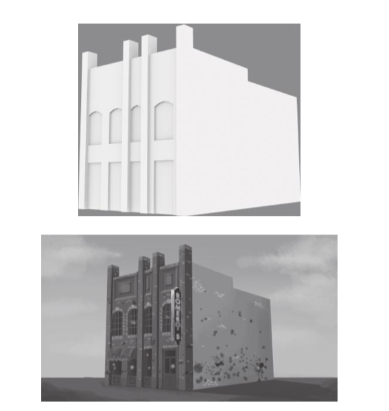 圖2.25：這座建築的透視圖是在一個簡單的3D模型基礎上繪製的。這樣的底圖可以用來為同一模型創建多種外觀。