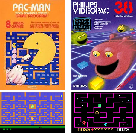雅达利2600版《吃豆人》封面和场景（左）飞利浦版《K.C. Munchkin》封面和场景（右）