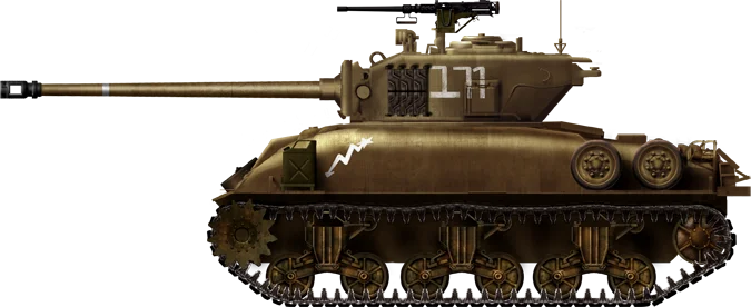 一辆M50“谢尔曼”前期型，基于M4A1车体，未采用HVSS悬挂，发动机为大陆发动机，炮塔没有配重