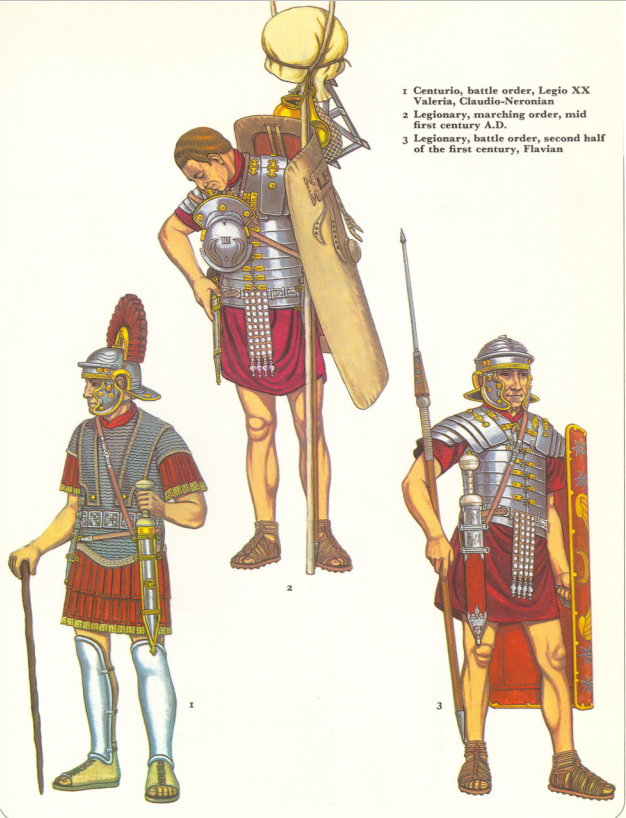 经典的罗马帝国时期军团士兵形象，锁甲衬衫和环片结构札甲同时装备，而前者才是长期以来的护具主流，环片结构札甲很快因种种原因不再装备军团士兵