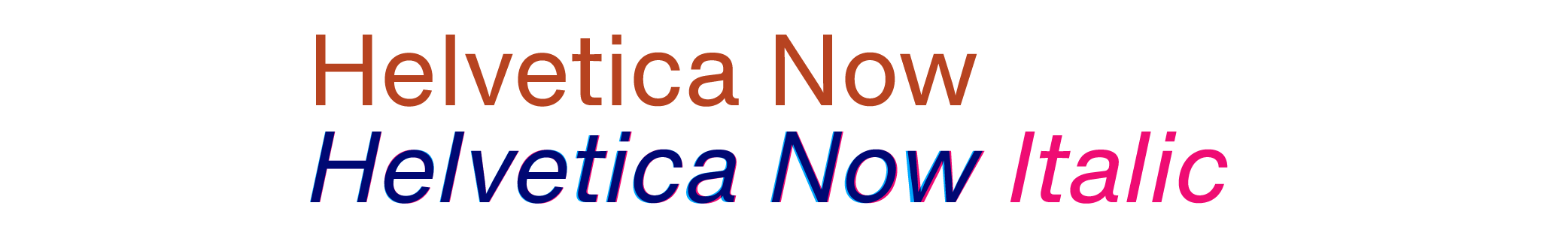 Helvetica Now 罗马体几何倾斜（蓝色）和意大利体（洋红）的叠图对比，边缘可见极其微妙的视觉调整