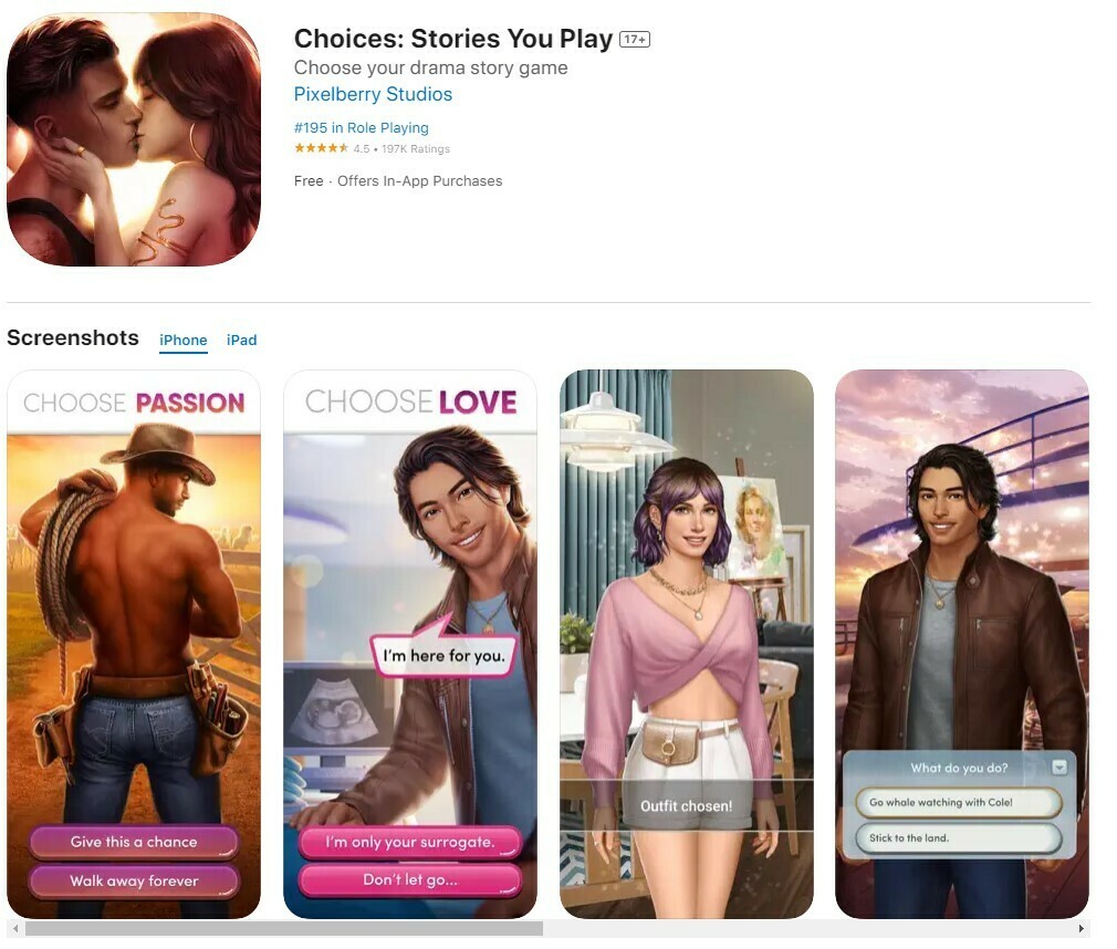 Pixelberry Studios官網中的主打遊戲，《選擇：你玩的故事》的蘋果商店頁面截圖
