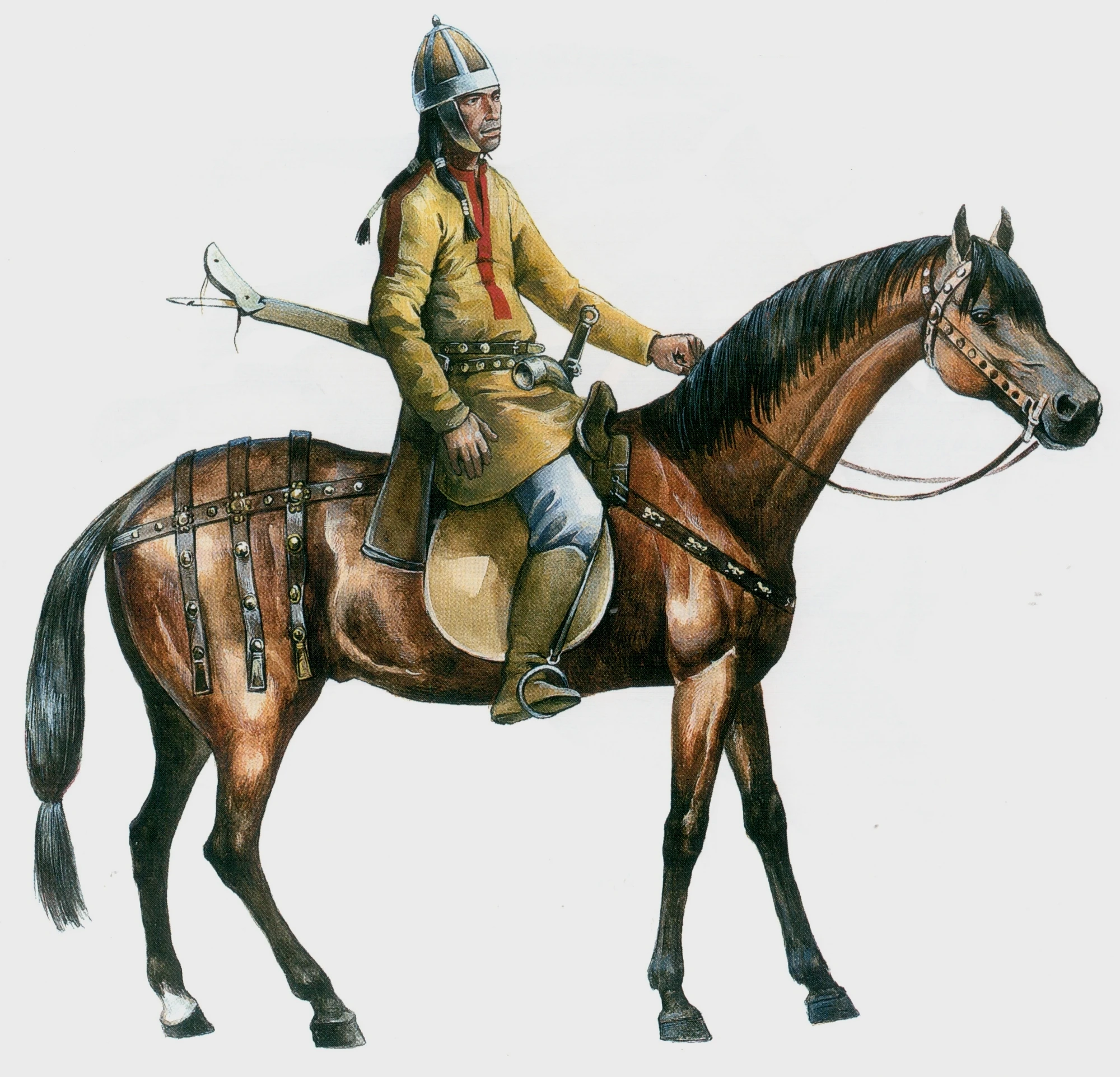 阿瓦尔弓骑兵的复原图，他的复合弓存放在后开口的弓盒里，箭矢存放在身体右侧的箭袋中。他没有披甲，而是戴了一顶欧洲风格的瓣盔提供防御。