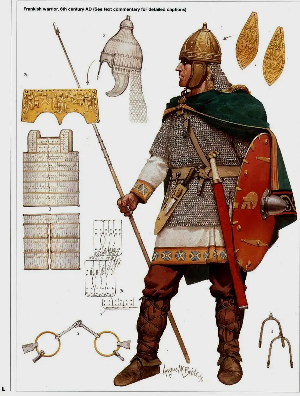 6世纪的墨洛温王朝法兰克士兵，他的这种日耳曼瓣盔在法国、意大利和俄罗斯都出土过（但是并未发现于不列颠群岛）。6世纪时扎盔和扎甲在欧洲也有使用，图中左上的扎盔曾被阿勒曼人使用，而左侧的扎甲曾发现于阿勒曼人和伦巴底人的墓葬中。法兰克骑兵主要还是步战为主，除非是需要追击、扫荡的时候才不会下马。
