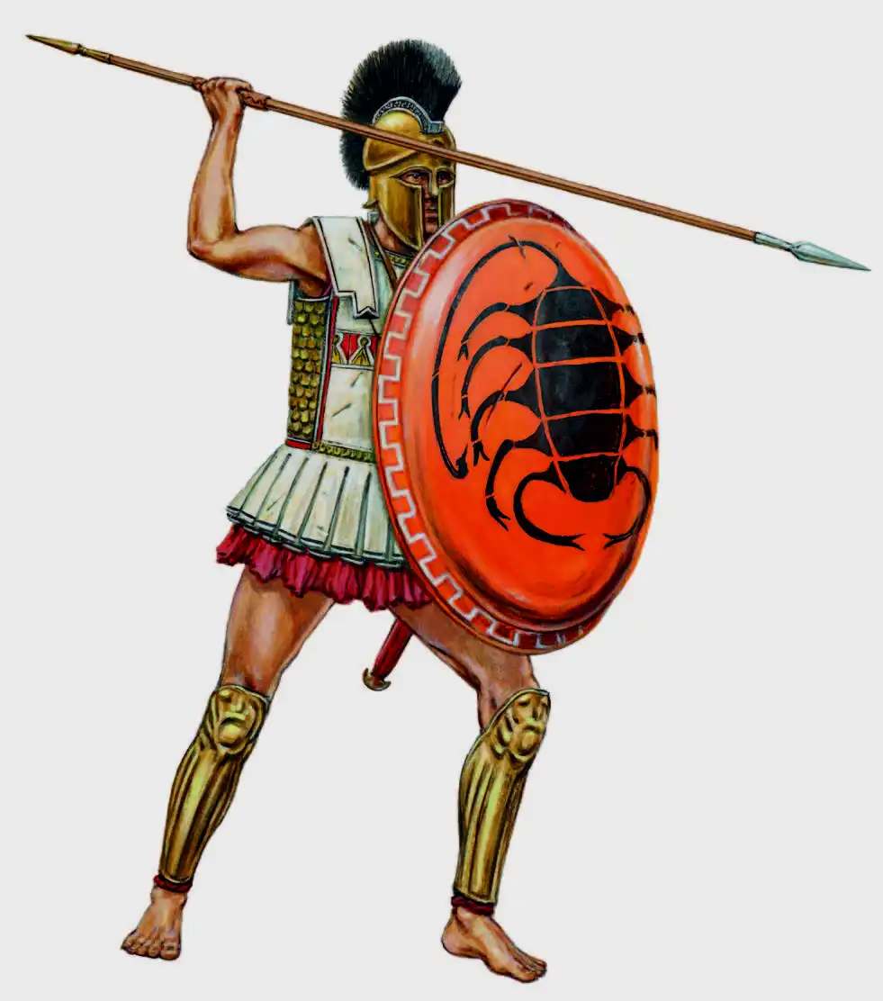 复原的前5世纪早期的雅典重装步兵，他的盔甲使用金属板加固的亚麻甲壳。这种盔甲可以阻挡矛刺和箭头，但是无法消解武器的冲击力。在亚麻甲的里面还有一件鳞甲