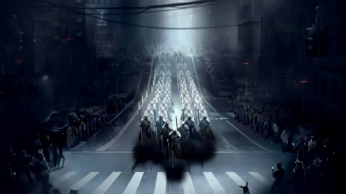 银枪的天马穿过城市的震撼