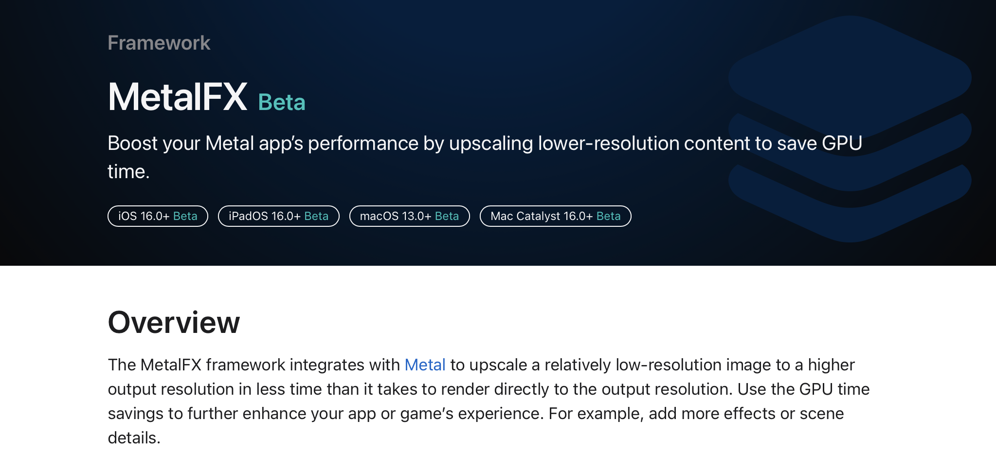 Apple 开发者文档中关于 MetalFX 的介绍