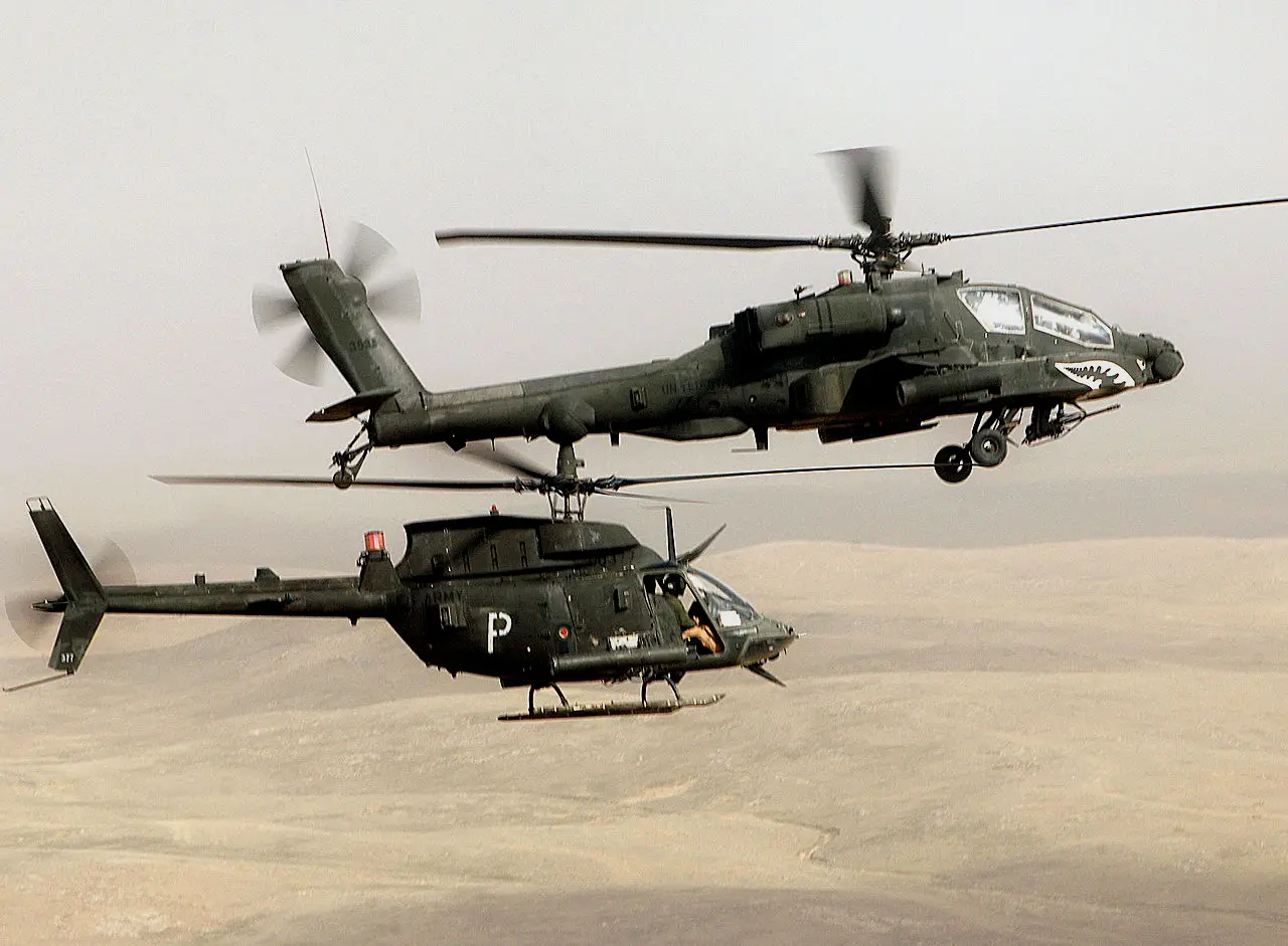 伊拉克沙漠上空和AH-64A组队的OH-58D