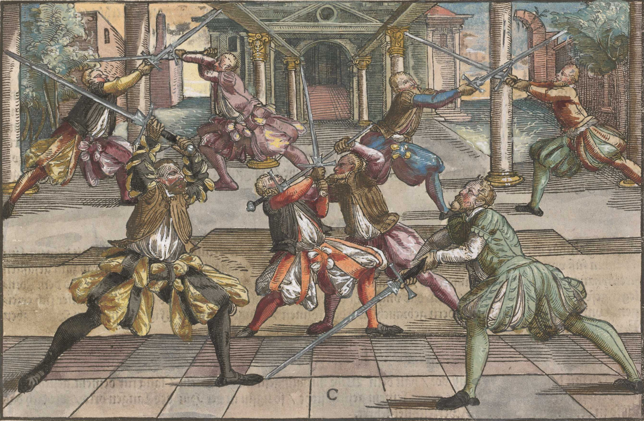 画面左侧着黄黑切口服的剑士正以屋顶式准备，向对手打出一记由肩关节主导的全斩斩击