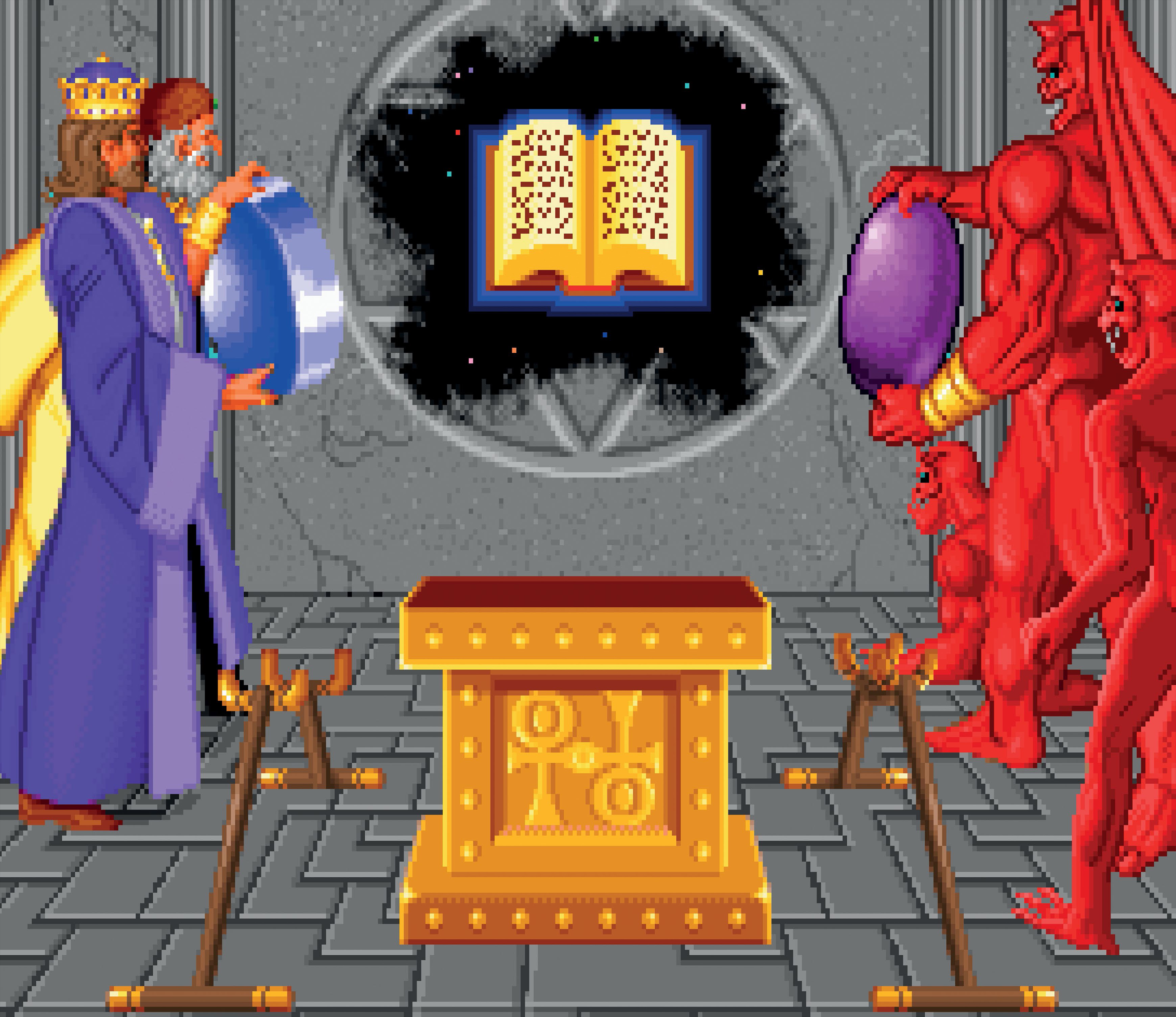 《创世纪 6：虚伪先知》（Ultima VI: The False Prophet）中不列颠国王与石像鬼一起在阅读《究极智慧之典》。