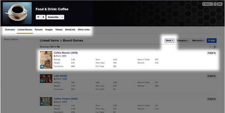 《咖啡烘焙師》在BGG咖啡主題遊戲中一直霸榜第一名