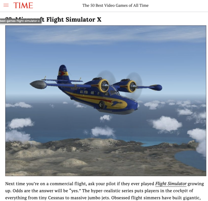 （“下次你再坐飞机的时候，可以问问机长小时候有没有玩过‘微软模拟飞行’系列，答案八成是‘玩过’。”）