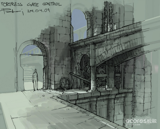 要塞大门内的详细草图。玩家可以通过两边的装置开关大门。