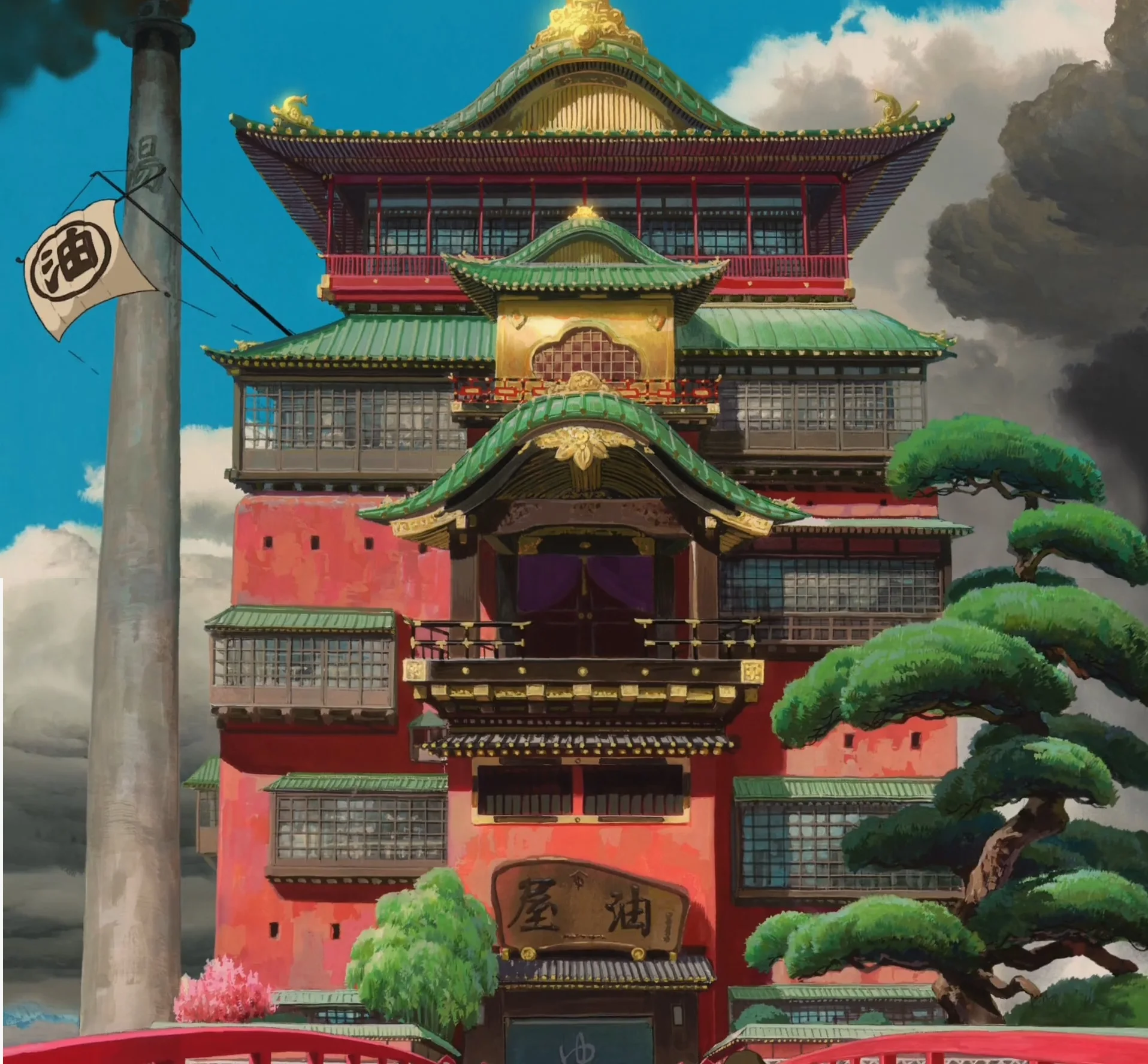《千与千寻》里的油屋的设计结合了澡堂和天守阁，天守阁作为日本古代领主们的政治要塞，其顶部就是权力的核心（是否想起了去杀屑一郎的路上学会的“死”字）