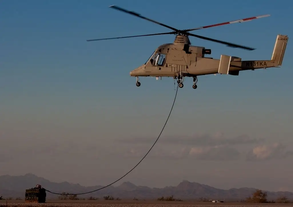 无人直升机的发展也取得了一些进展，图中为试验中的K-MAX无人型