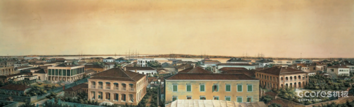 1855年-1865年绘制的油画，位置是站在圣三一堂上层来眺望外滩 作者：马丁·格雷戈里（Martyn Gregory Gallery）