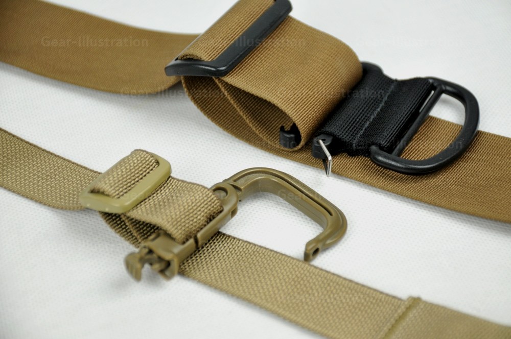 第三步：将环扣穿过背带环部分锁住，背带两端用力收紧，这个扣环即可成为一个不会滑动的稳固挂载点