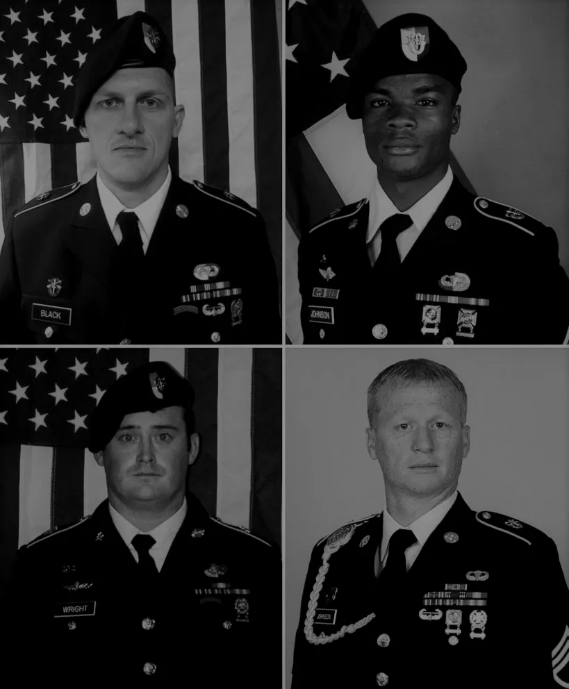 2017年10月4日在尼日尔遇袭牺牲的美国士兵（从左上顺时针起）. Bryan C. Black, La David Johnson, Jeremiah W. Johnson和Dustin M. Wright.