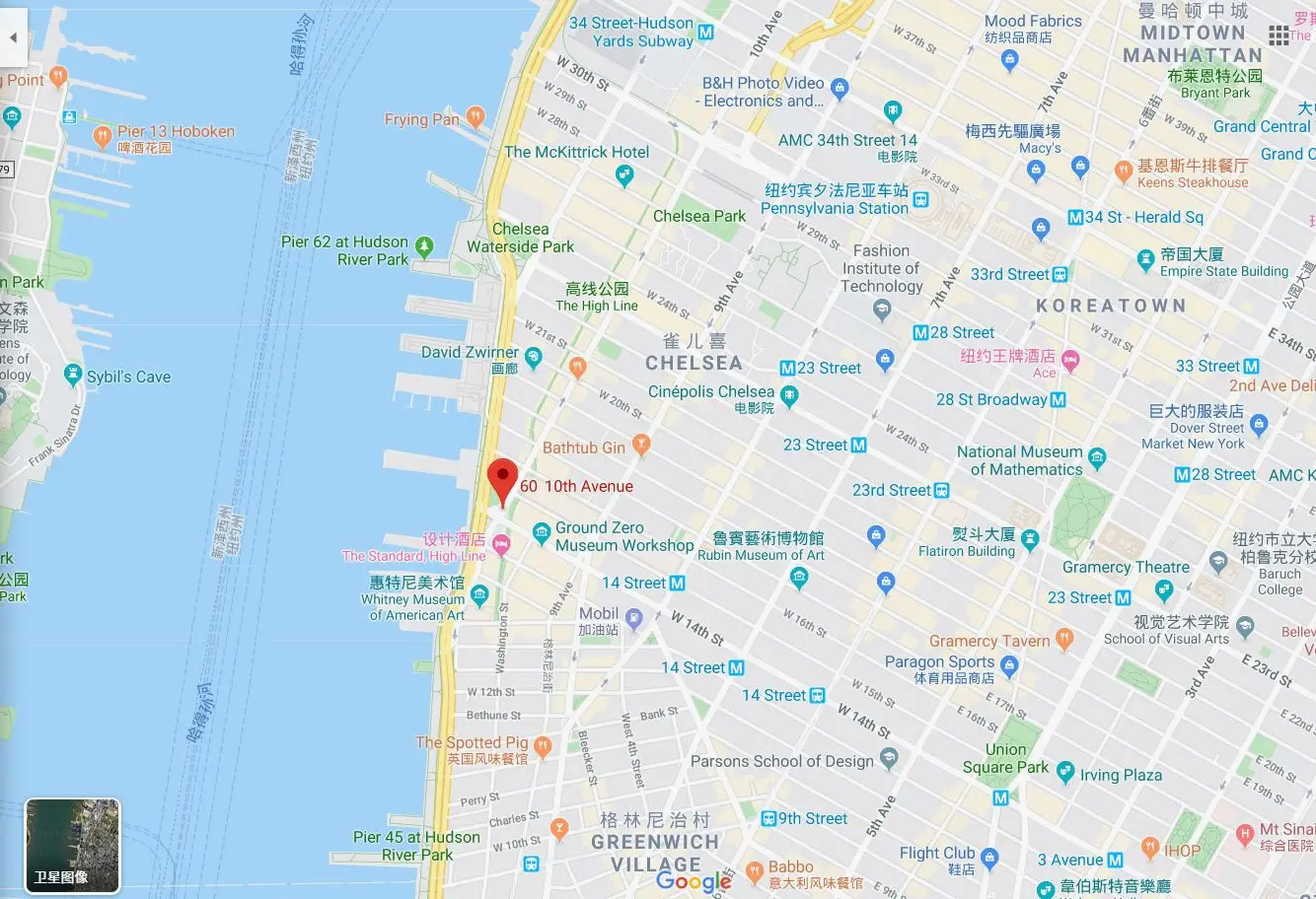 在麦哈顿中城和下城之间。顺带一提，南边的格林尼治村非常漂亮。