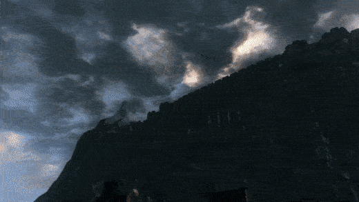 《黑暗靈魂1》-進入新地圖王城時的動畫。動畫前後兩個地圖的光照/天氣完全不一樣，動畫起了很好的場景過渡作用。