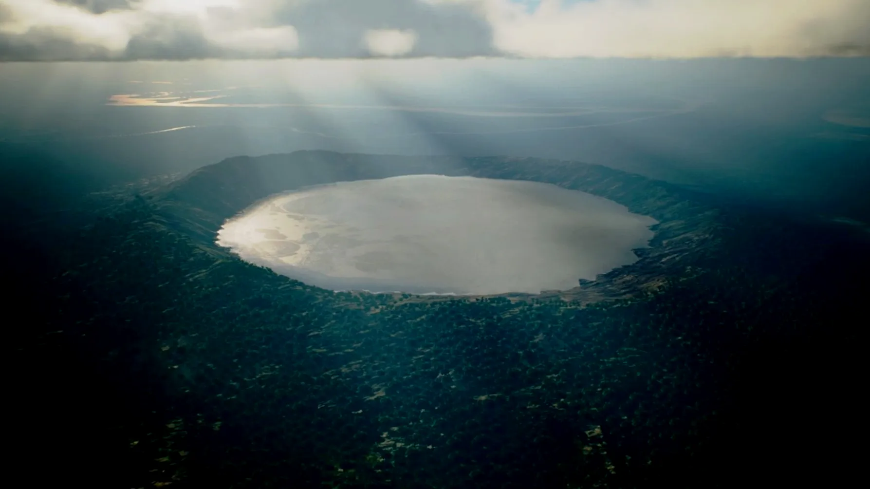 位于肖宾堡(Chopinburg)雨林的无名陨石坑，科学家预计该陨石坑形成的湖泊在未来仍然会是全世界最大的陨石坑湖