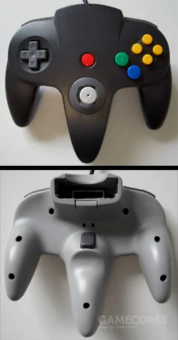 任天堂N64手柄三叉外观令人印象深刻 正面中下有一个类比摇杆（加强了3D游戏角色运动模式和精度） 背面有扩展插槽 Z键（扳机按键）