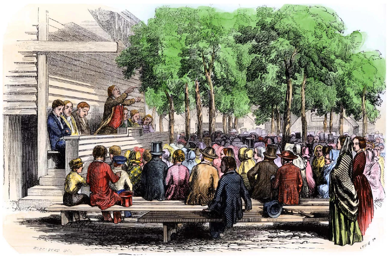 衛理公會營地會議 木版畫 Methodist camp meeting in Eastham, Massachusetts, c. 1850.
