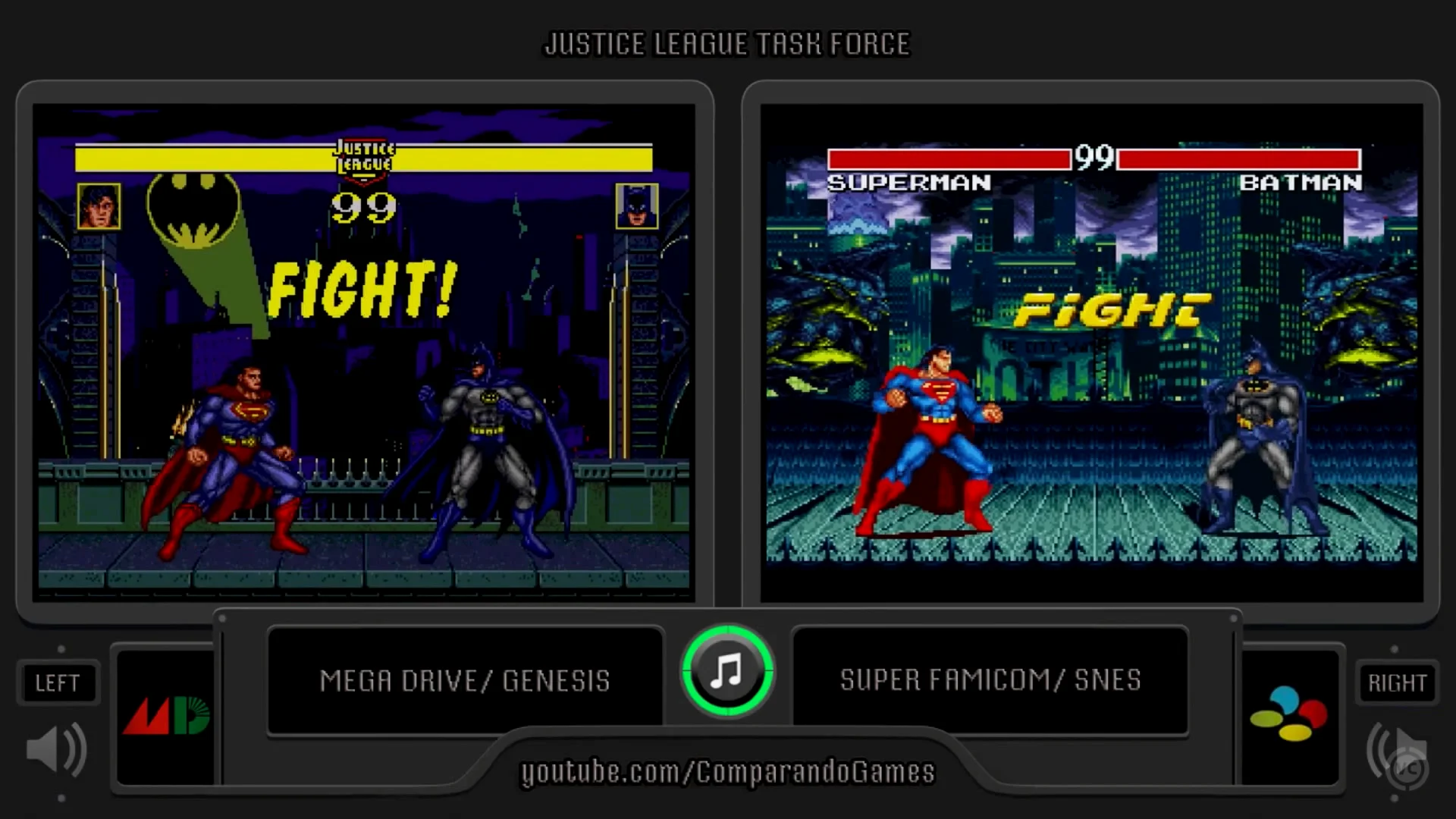 《Justice League Task Force》的双版本实机画面对比，从画面上看二者气质并没有想象中高度一致，毕竟两部主机性能特点不同