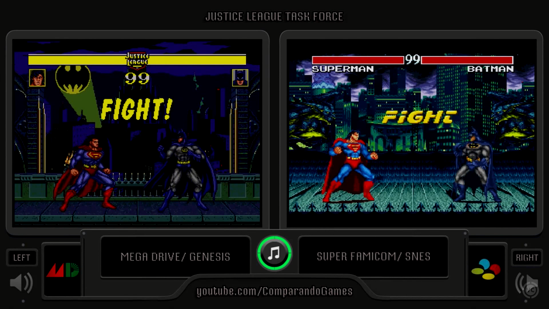 《Justice League Task Force》的双版本实机画面对比，从画面上看二者气质并没有想象中高度一致，毕竟两部主机性能特点不同