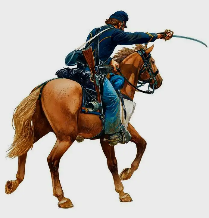 汤普森的行头代表了第1密歇根骑兵团的典型行头，1859式马具、.58口径火帽卡宾枪、1840重骑兵刀、1860左轮枪