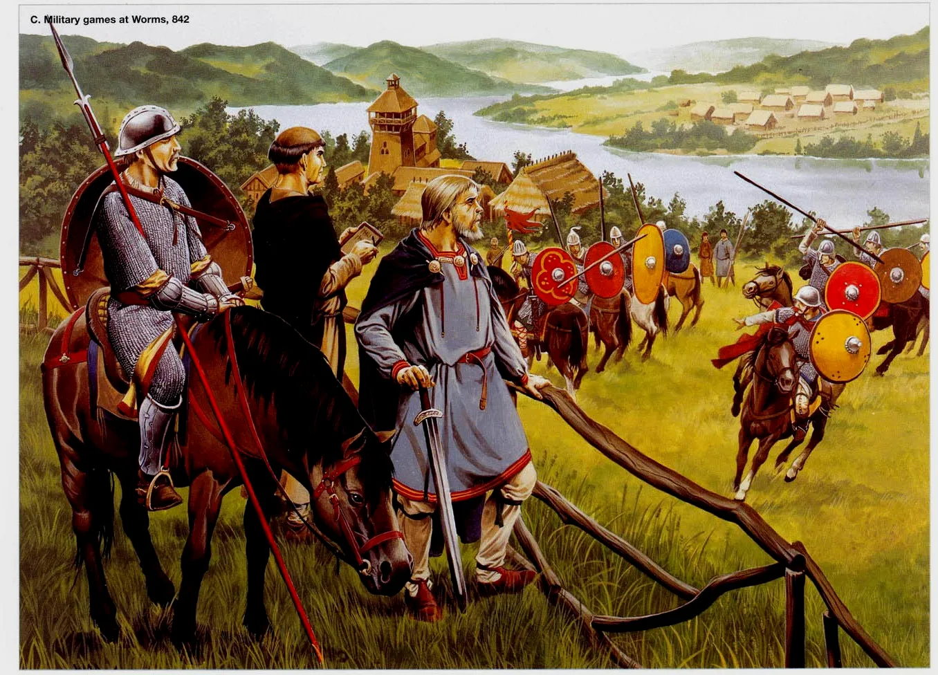 训练中的加洛林贵族，9世纪晚期贵族几乎完全骑兵化，步兵的地位一落千丈