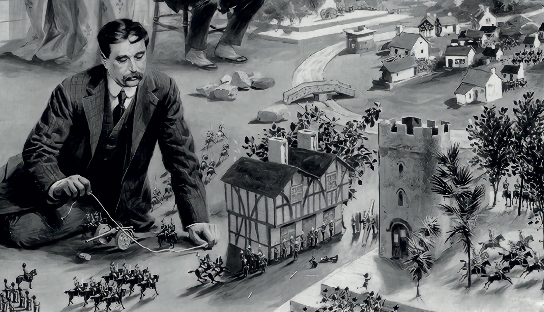 《伦敦新闻画报》（Illustrated London News）在 1913 年的图片，展示了威尔斯在他的家中用一根绳子测量游戏单位的移动距离。