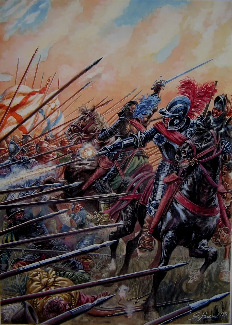 法国宗教战争中，亨利四世的胡格诺军中的黑骑士正在用手枪射击的半回旋战术攻击瑞士方阵