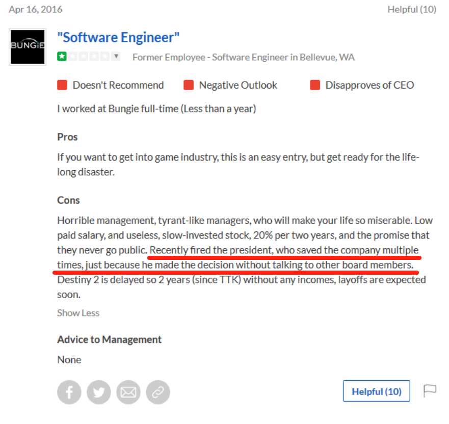 也有Bungie前员工认为：瑞恩曾多次拯救公司，并因未知会董事会擅做决定而被炒鱿鱼